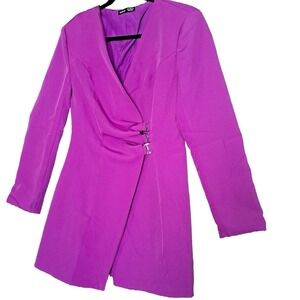 Shein Mini Dress Womens 6 Purple Blazer Style V Neck Long Sleeve Buckle Office